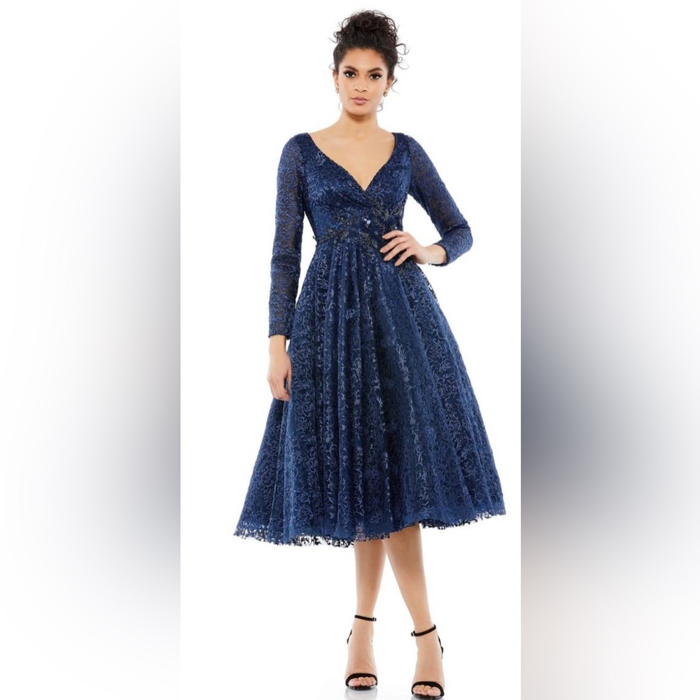 Mac Duggal Blue Lace Midi Dress